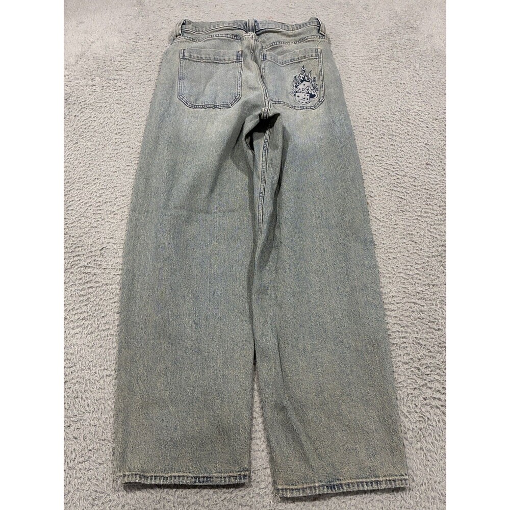 Hollister Jeans Mens 30x32 Blue Denim Baggy Skater Flame Dice Logo Streetwear
